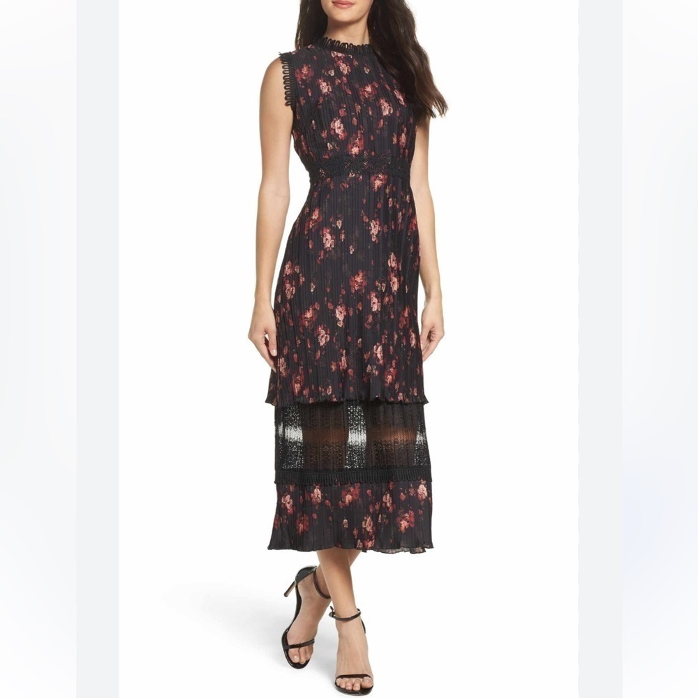 Anthropologie Foxiedox Biella Chiffon Open Back Floral Midi Dress | Lace | Small